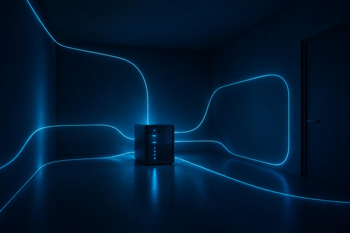 Kleiner Server in einem dunklen Raum, umgeben von cyanfarbenen Lichtlinien, die im Raum bleiben