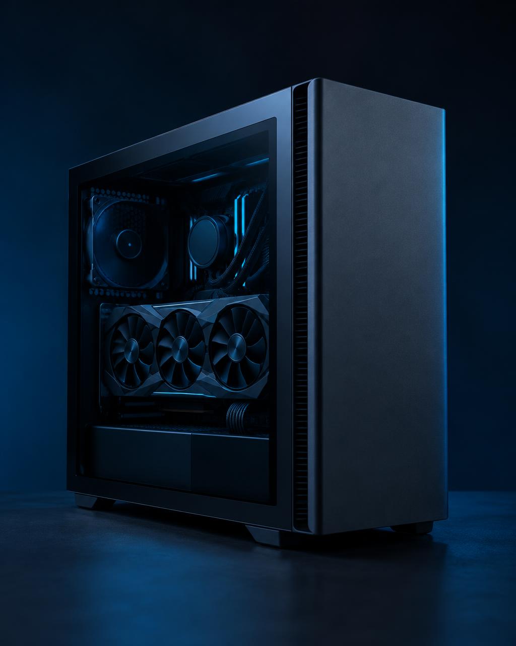 Kompakte graphitfarbene Desktop-Workstation mit sichtbarer Grafikkarte im dunklen Studio
